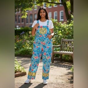 Anne Carson 100% Silk Floral Print Overalls Jumpsuit Boho Cottagecore Y2K NWT